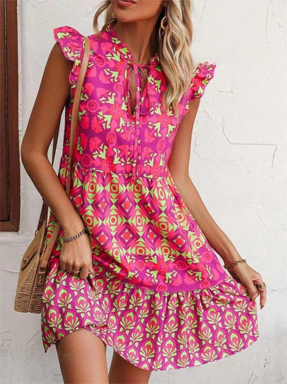 Printed Sleeveless Dress Summer Fashion V-Neck Lace-up