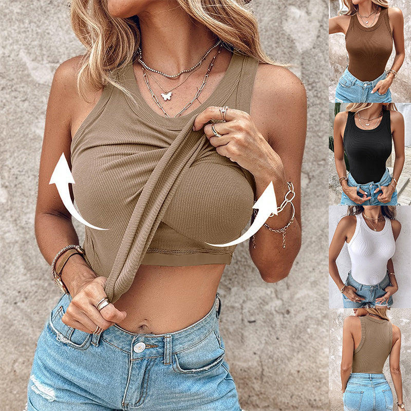 Round Neck Vest With Bra Summer Solid Color Bottom