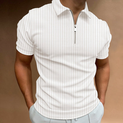 Men's T-shirt Striped Zipper Short Sleeve Solid Color