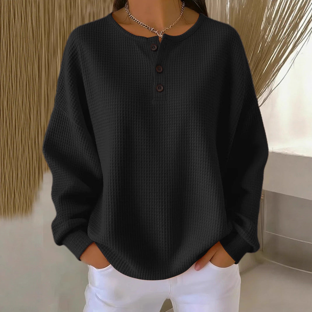 Ins Waffle Long-sleeved T-shirt Fashion Solid Color Buttons