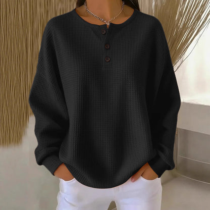 Ins Waffle Long-sleeved T-shirt Fashion Solid Color Buttons