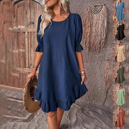 Fashion Ruffle Short-sleeved Dress Summer Solid Color Round Neck