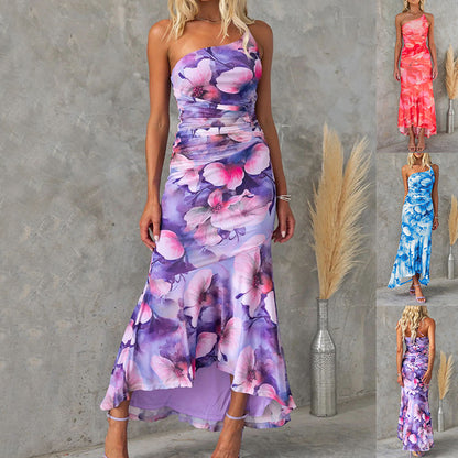 Flowers Print One-shoulder Dress Summer INS Casual