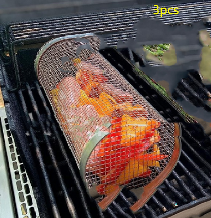 Rolling Grilling Basket Metal BBQ Barbecue Basket Net Portable Outdoor