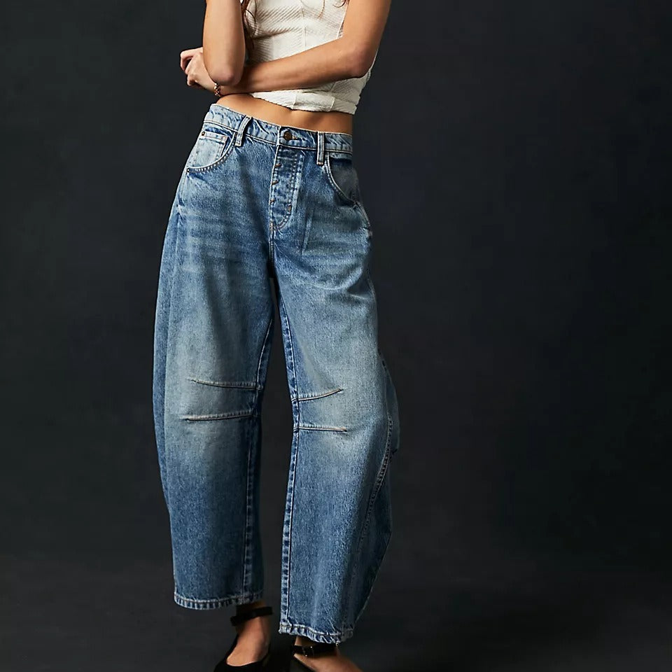 High Stretch Mid-Rise Barrel Jeans Fashion Wide Leg