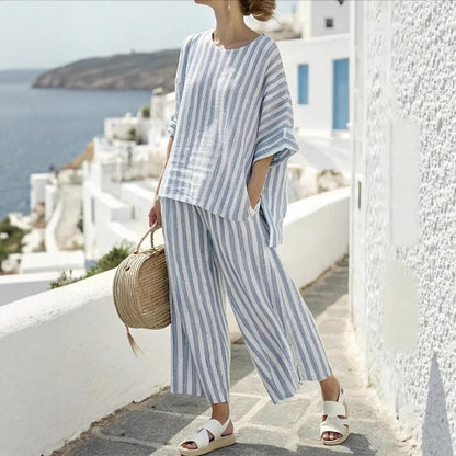 Summer Striped Suits Loose Batwing Sleeve