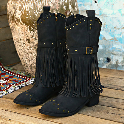 Retro Tassel Boots With Rivet Strap Buckle Design Shoes For Women