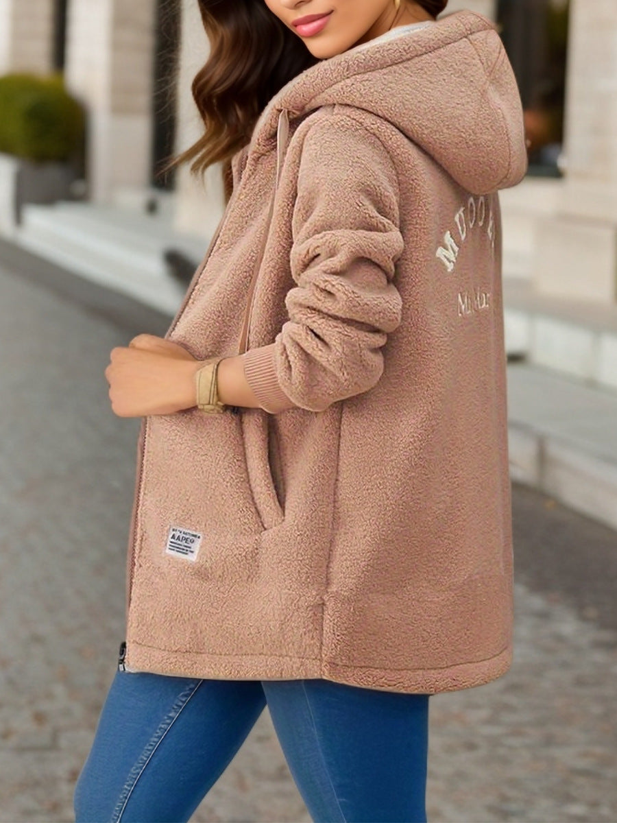 Winter Fleece Hooded Jacket Fashion Casual Zip-up Pockets