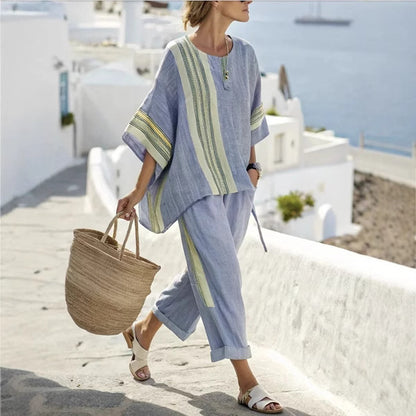 Summer Striped Suits Loose Batwing Sleeve