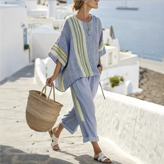 Summer Striped Suits Loose Batwing Sleeve