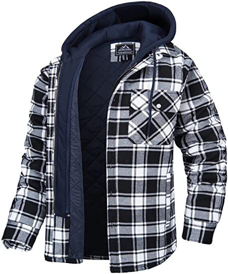Men's Plaid Hooded Coat Winter Warm Button Zip-up Jacket