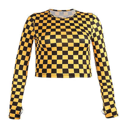 Yellow black plaid slim tight bottoming shirt girl tide long sleeve shirt