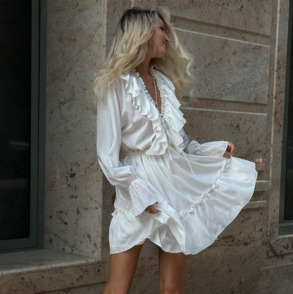 Fashion V Neck Pleated Ruffle Long Sleeve Dress