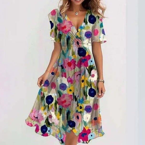 Chiffon Printed Short Sleeve Dress Summer Elegant