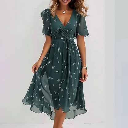 Chiffon Printed Short Sleeve Dress Summer Elegant