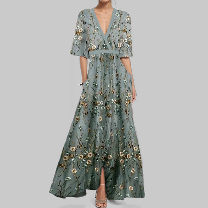 Fashion Print Half-sleeve V-neck Dress Temperament