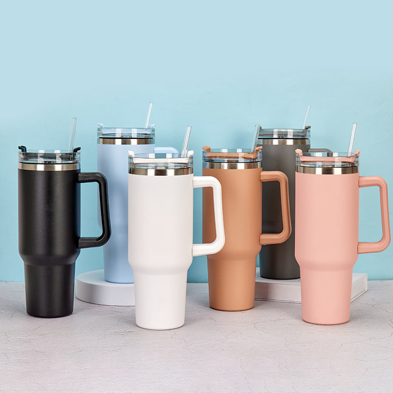 Straw Coffee Insulation Cup With Handle Portable Car Stainless Steel Water Bottle