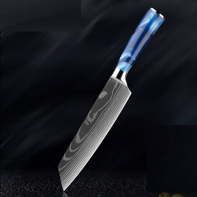 Damascus Pattern Blue Resin Handle Kitchen Knife Set