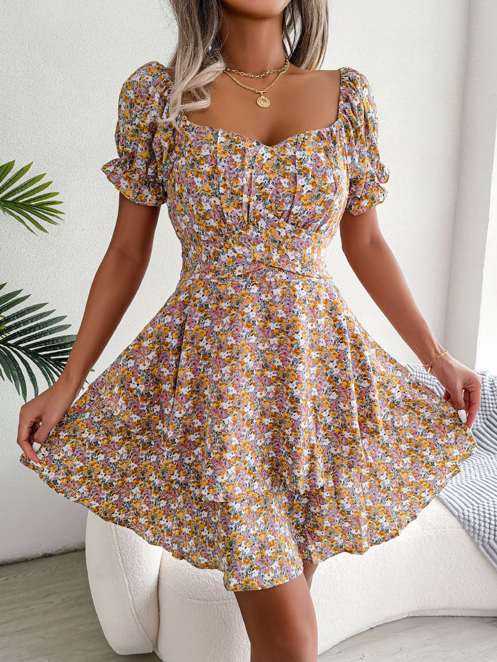 Women Mini Dress Temperament Big Swing Loose Hem Flower