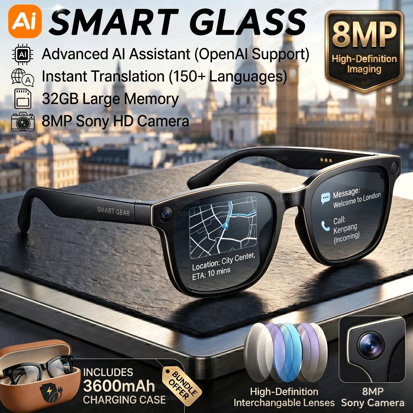 New 8MP 4K HD Camera AI Glasses Men 3600mAh Power Bank
