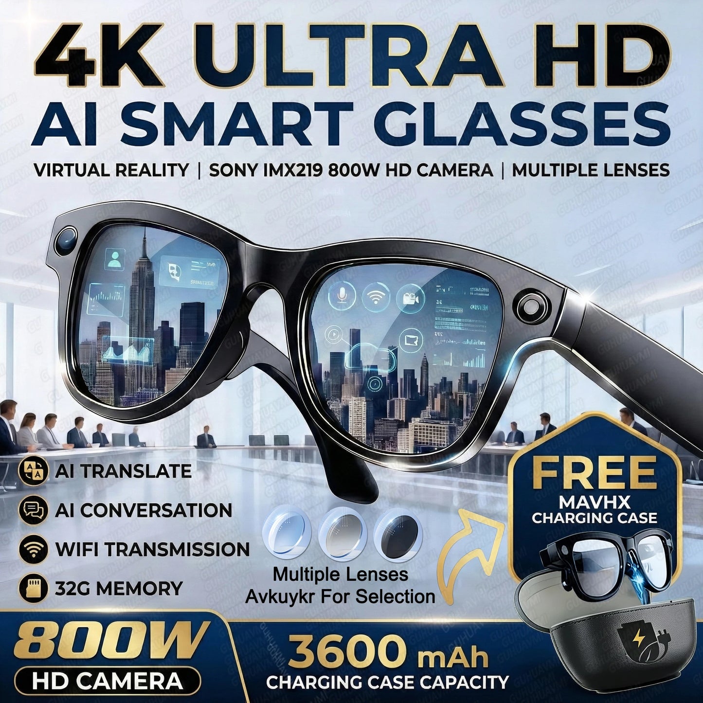 New 32G Memory 800W 4K Camera Smart Translation AI Glasses