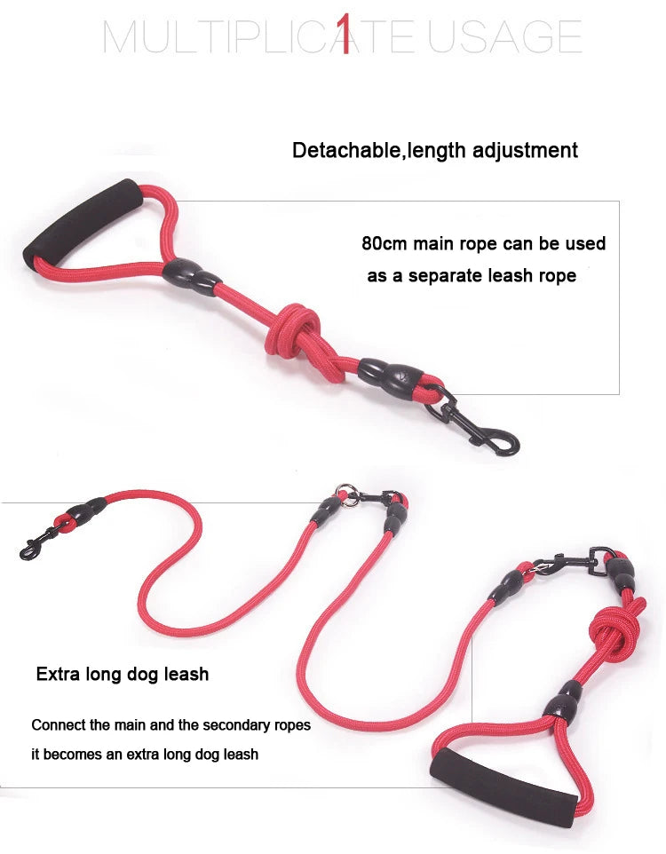 Pet Dog Leash Nylon Rope Double Dual Two Heads Dogs Leash