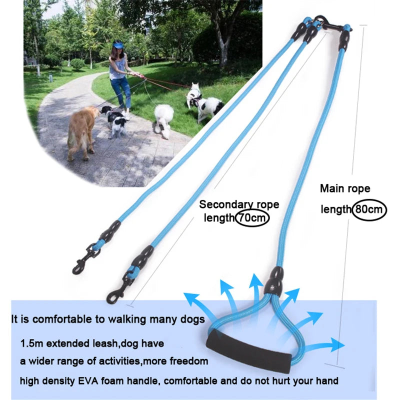 Pet Dog Leash Nylon Rope Double Dual Two Heads Dogs Leash