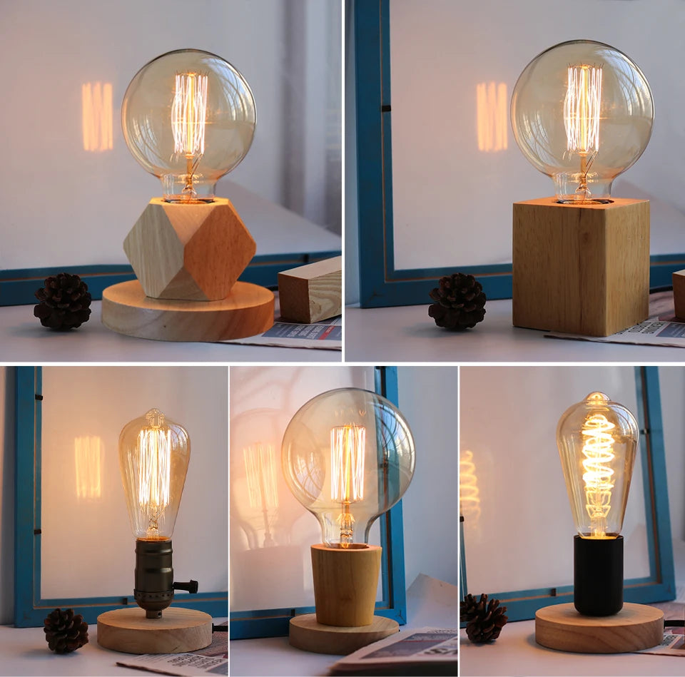 Modern Wood Table Lamps E27 Retro Desk Decora Light