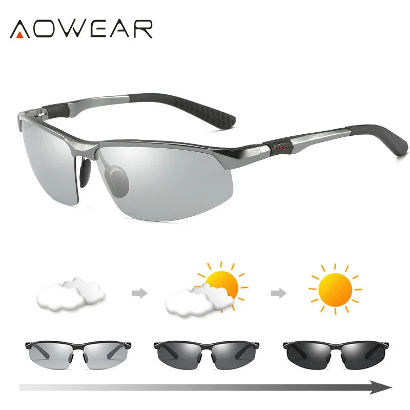 AOWEAR Mens Photochromic Polarized Rimless Sunglasses