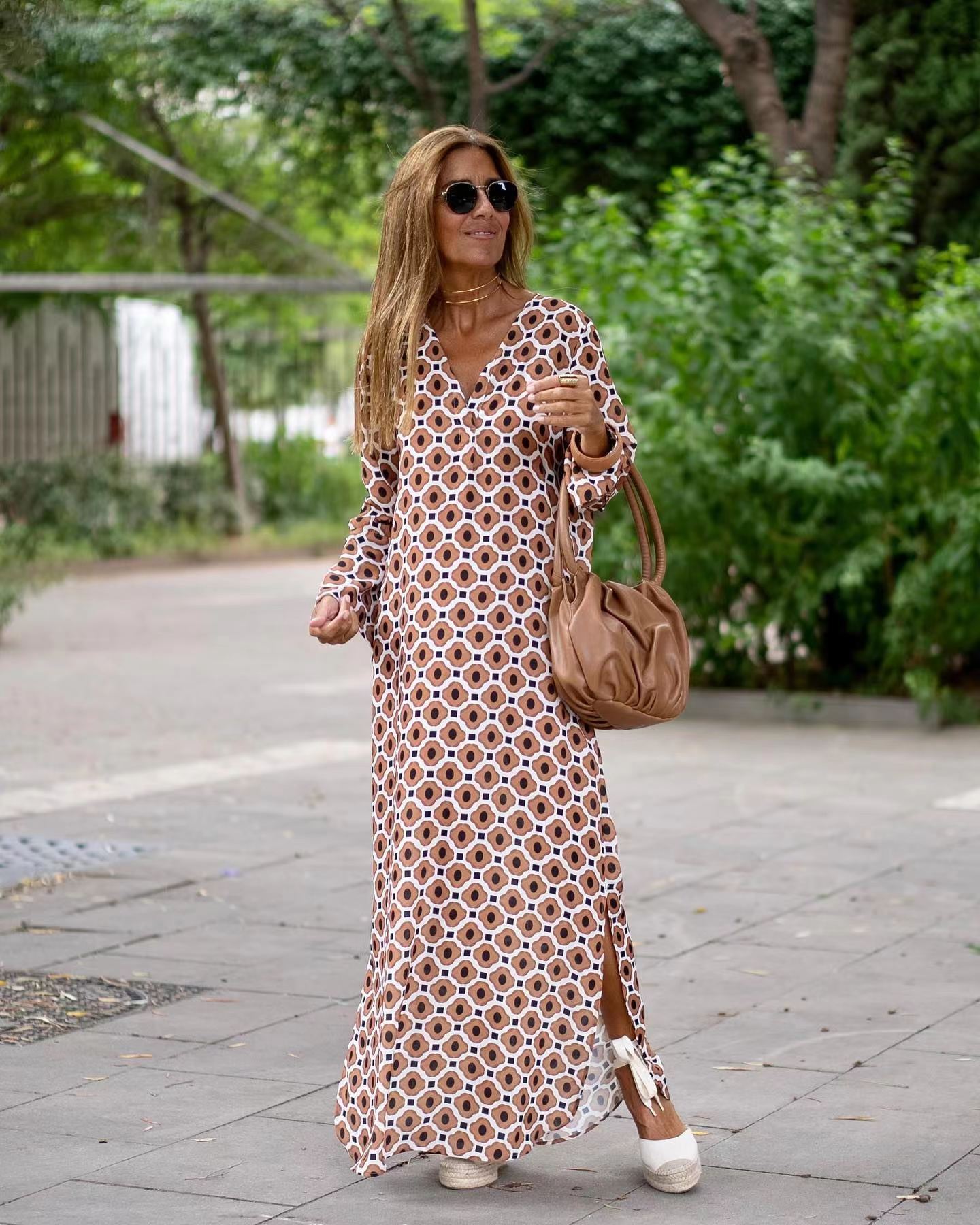 Summer Geometric Printed V-neck Long Dress