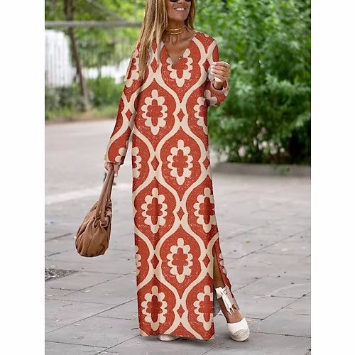 Summer Geometric Printed V-neck Long Dress