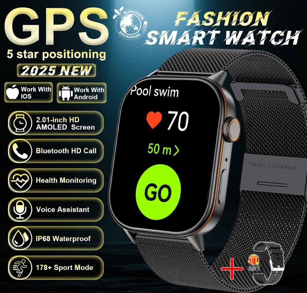 New For Android iOS Outdoor GPS Smart Watch Men 2.01" HD AMOLED