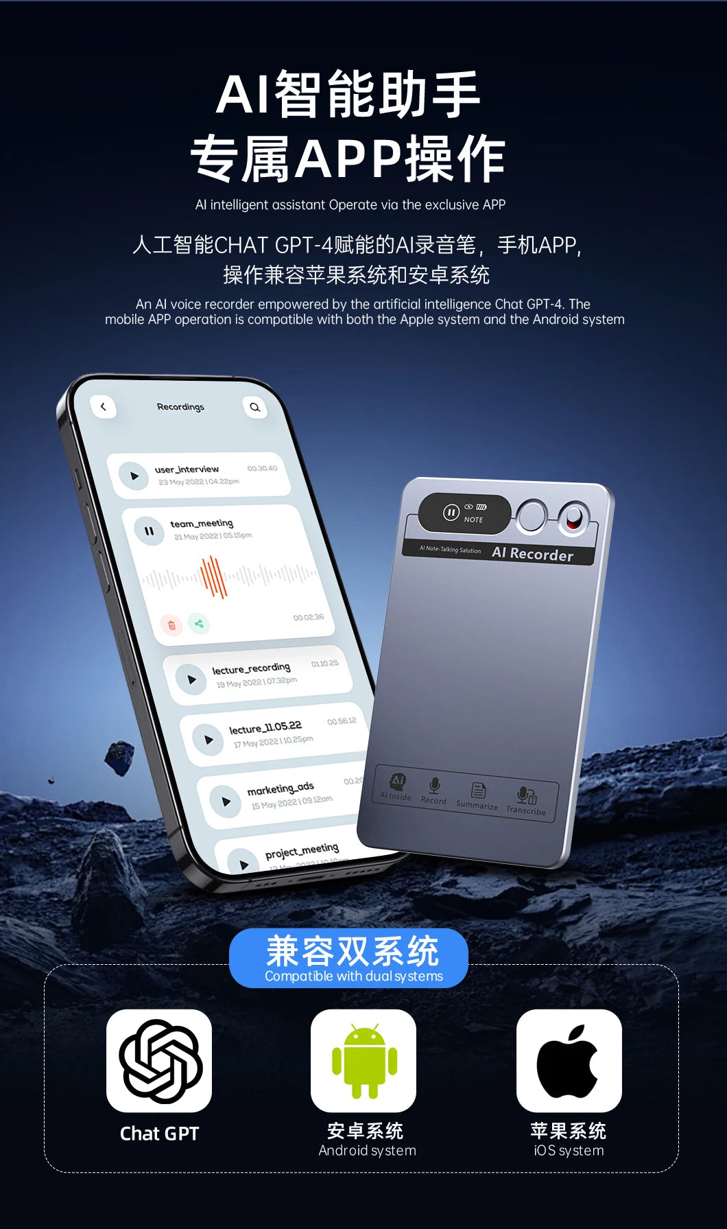 AI Voice Recorder Min Magnetic Powerd ChatGPT-4 App
