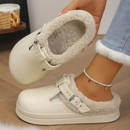 Waterproof Eva Furry Mules Slippers Women Winter Metal Buckle