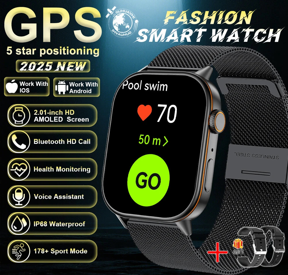 New For Android iOS Outdoor GPS Smart Watch Men 2.01" HD AMOLED
