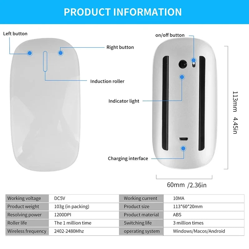 Wireless Bluetooth Magic Computer Mouse Slim Ergonomic