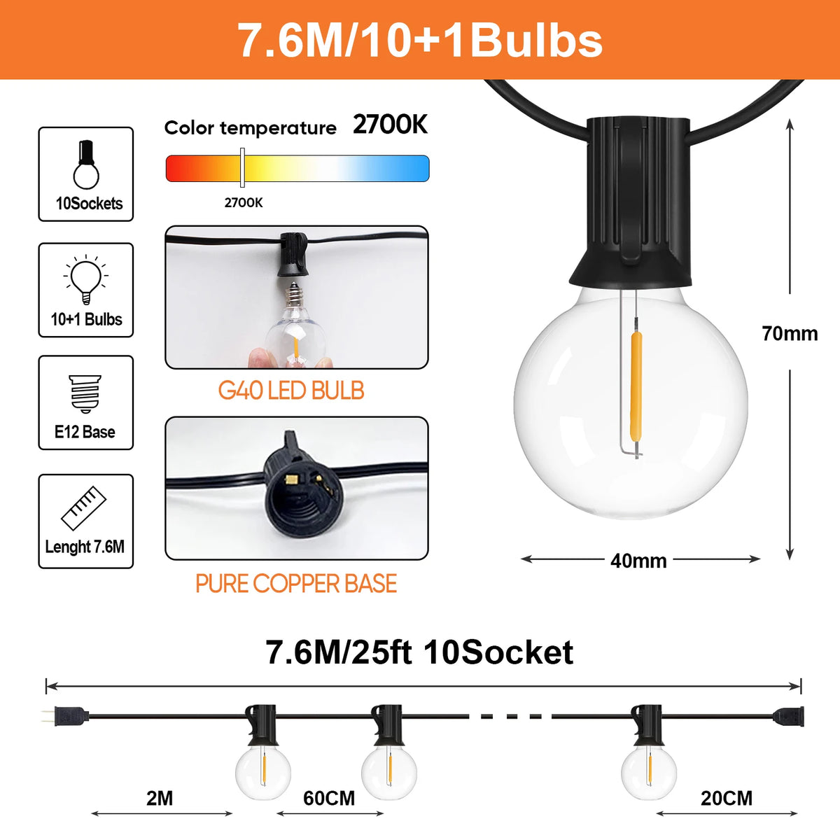 Waterproof G40 String Lights Shatterproof Plastic E12 1W Bulbs