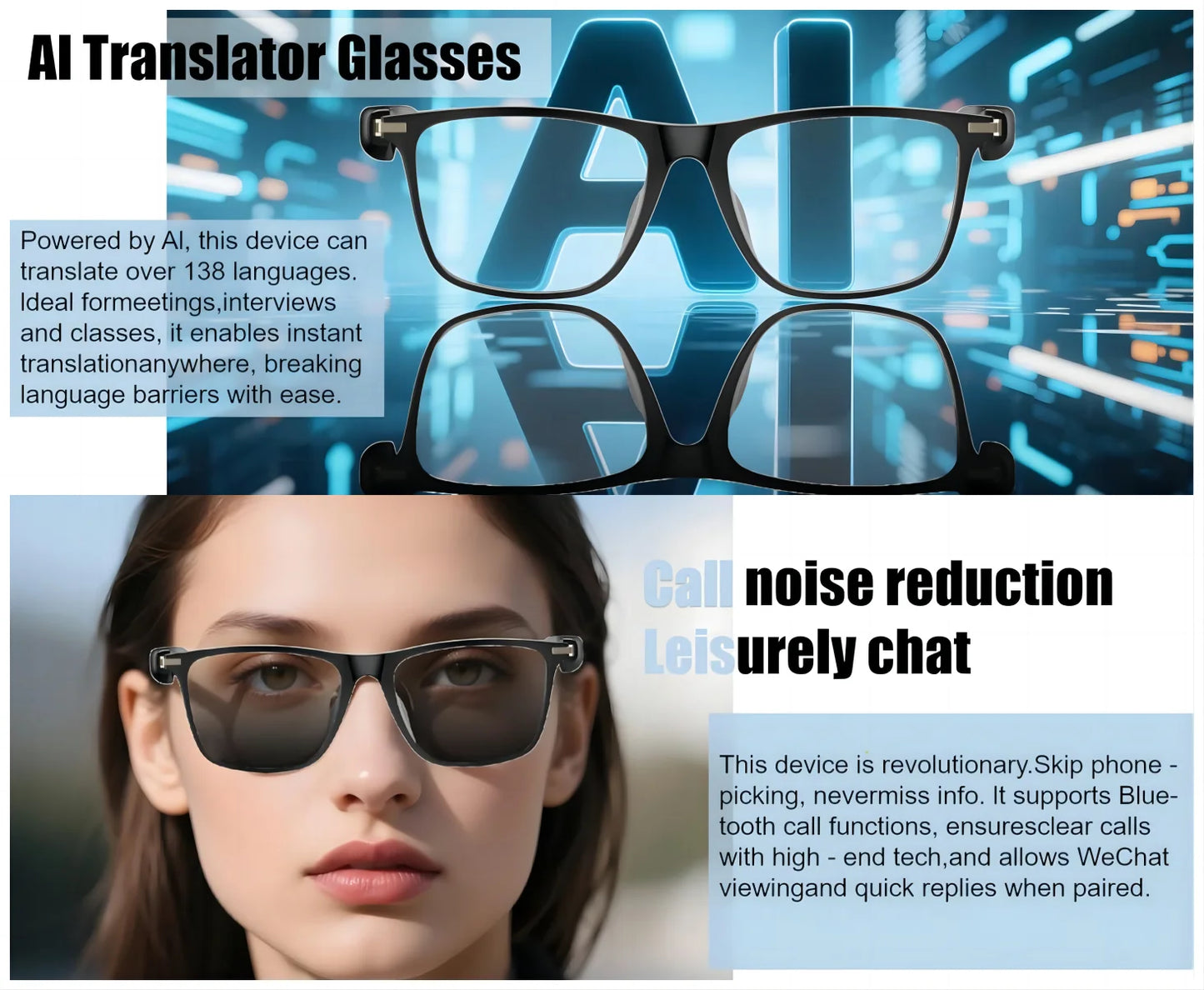AI Translation Smart Glasses with photochromic lenses