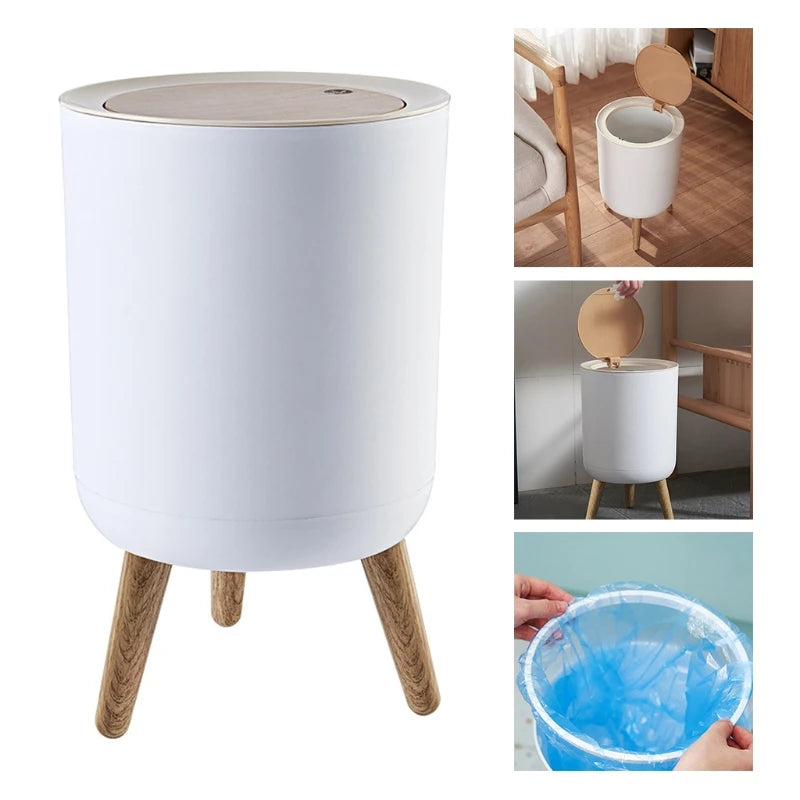 7L Round Wood Grain Trash Can Press Type Garbage Can
