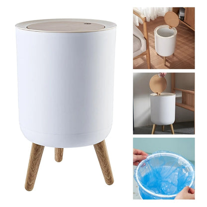 7L Round Wood Grain Trash Can Press Type Garbage Can