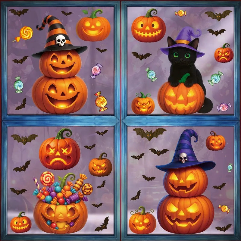 Halloween Window Glass Stickers Cartoon Pumpkin Lantern Candy Bat