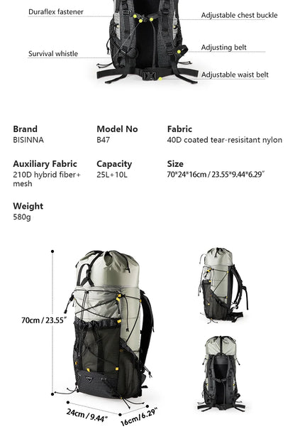 Camping Backpack 25+10L Large Capacity Travel Bag Outdoor