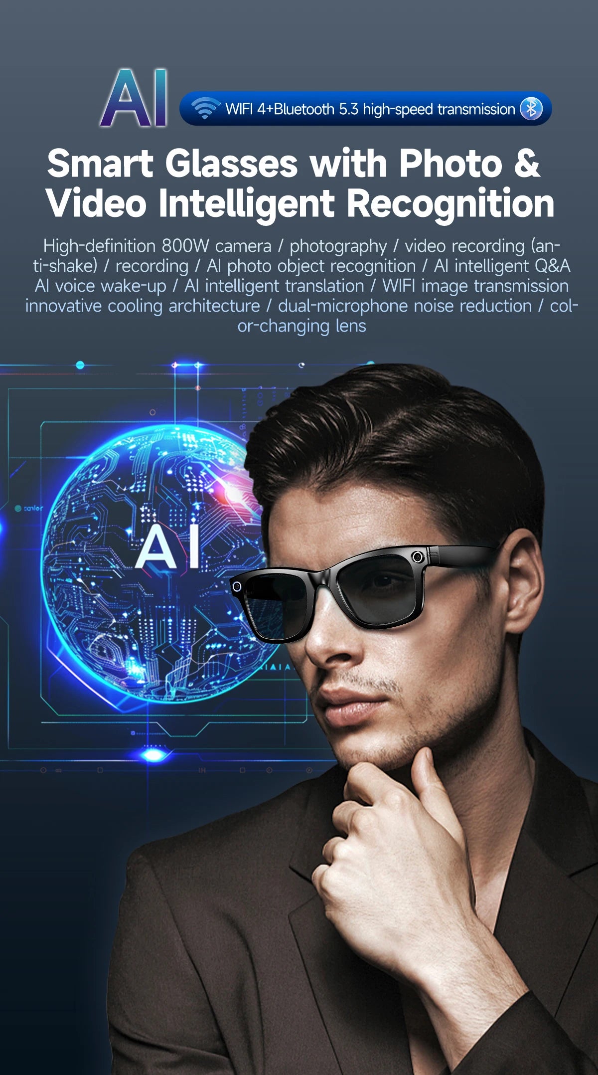 AI Smart Glasses with 8MP Camera Video Recording 100+ Languages