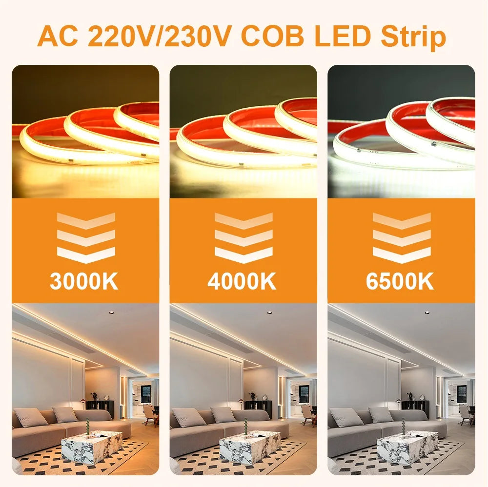 220V COB LED Strip Light 296 LEDs/m High Brightness