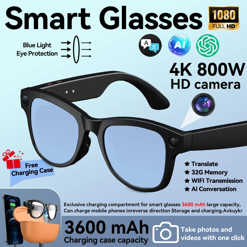 3600mAh Power Bank Smart Glasses 800W 4K HD Pixel Translation