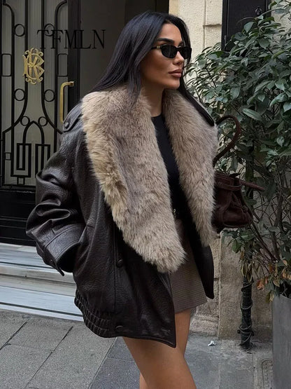 TFMLN Winter Women Loose Faux Leather Jacket