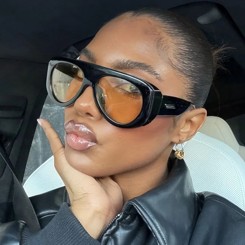 Vintage thick frame stripe oval sunglasses for women