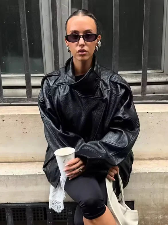 Women's Jacket Fall New Black Long Sleeve Pebble Faux