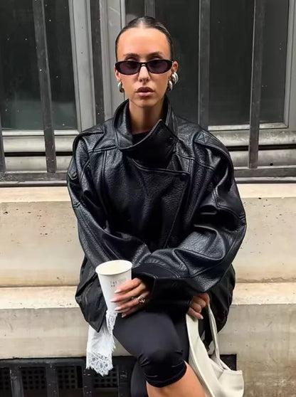 Women's Jacket Fall New Black Long Sleeve Pebble Faux