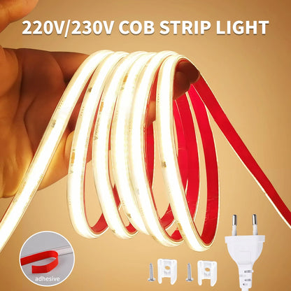 220V COB LED Strip Light 296 LEDs/m High Brightness